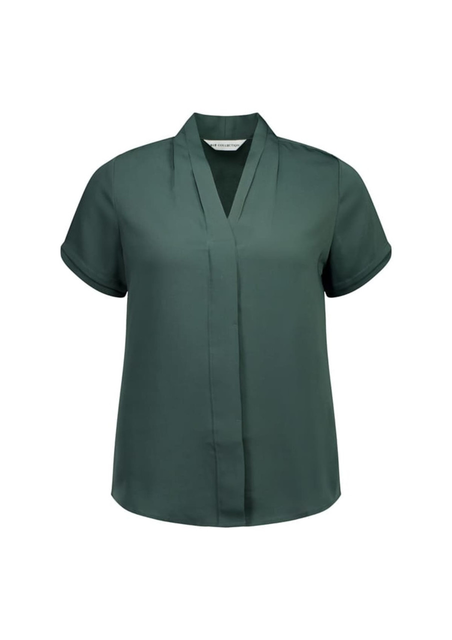 A short sleeve button-up shirt in a deep green colour with a relaxed collar and subtle pleat detailing.