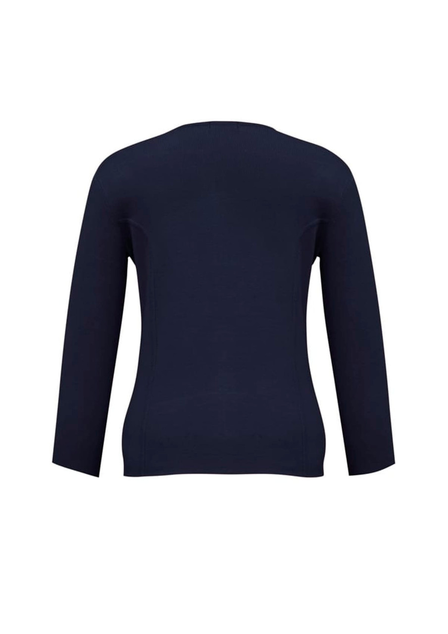 A navy women's 2-way zip cardigan with three-quarter sleeves and a fitted design. It features a logo.