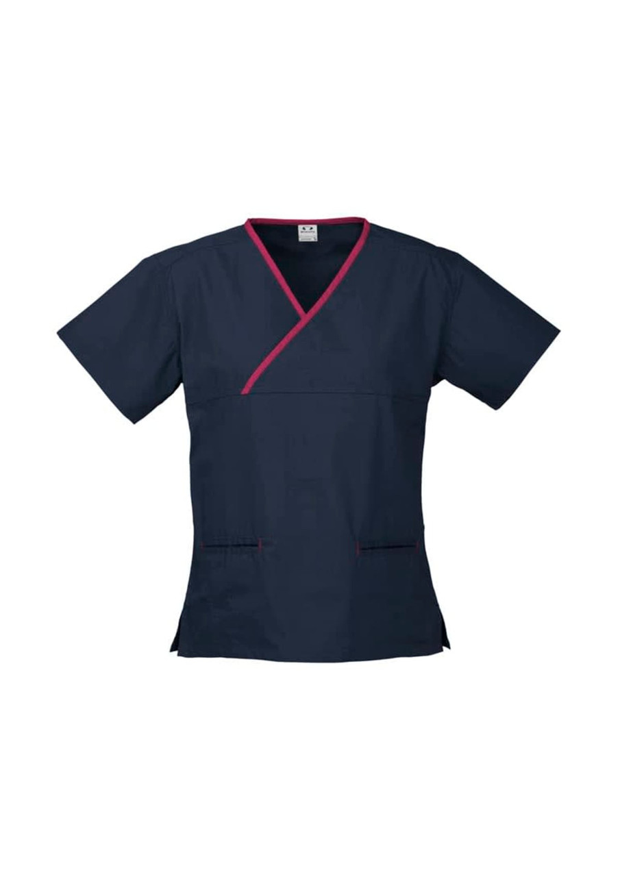 A navy scrub top with pink contrast trim, featuring short sleeves and two front pockets. It has a logo on the label.