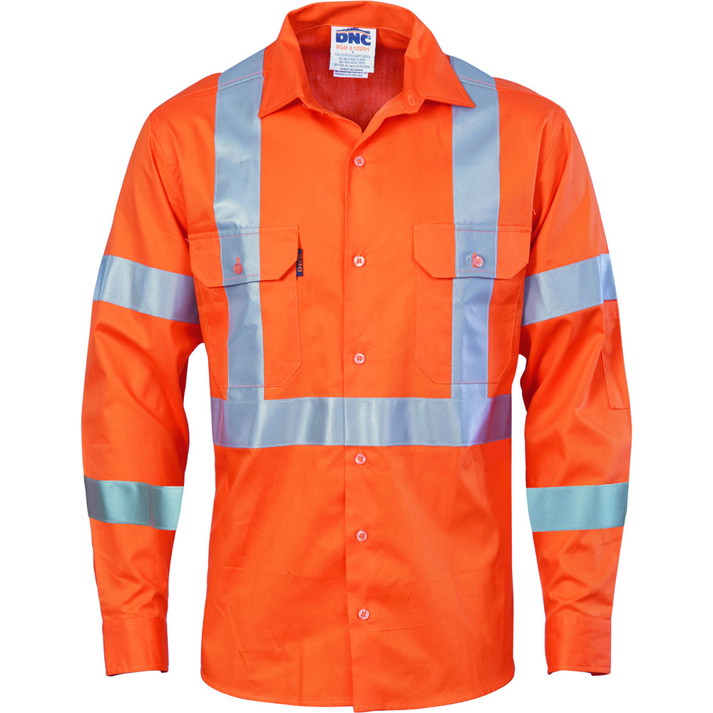 Hi Vis Cool-Breeze Cotton Shirt with Double Hoop on arms & X back CSR R/Tape Long Sleeve