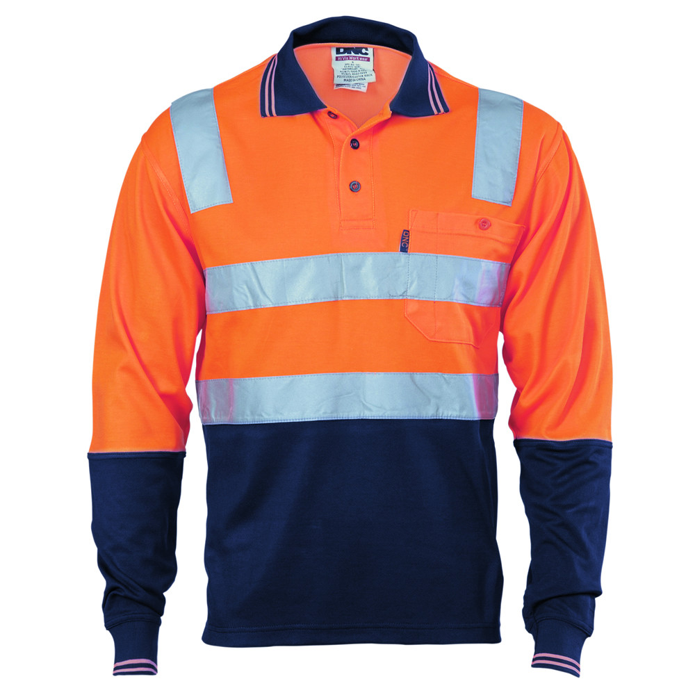Hi Vis Cotton Back Two Tone Polo Shirt with 3M R/ Tape - Long Sleeve