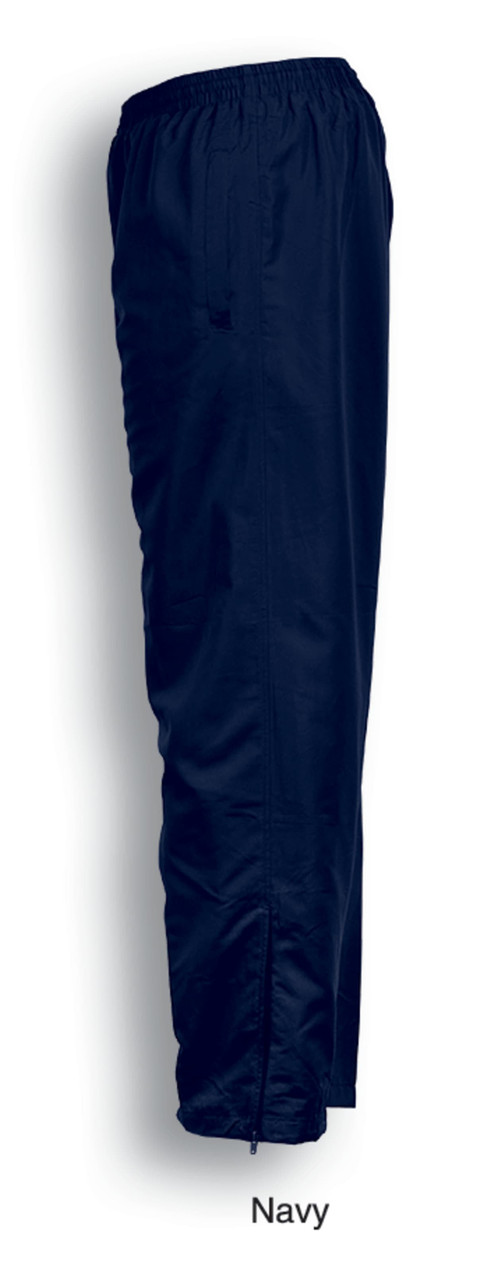 Navy track pants with an elastic waistband and zippered hems, featuring a side pocket and a logo.