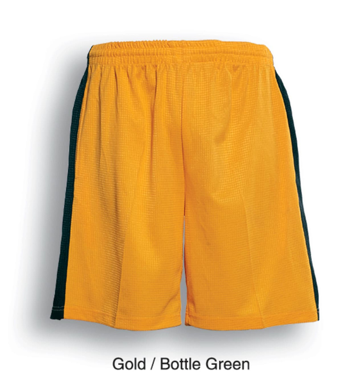 Kids soccer panel shorts in gold with bottle green side panels, featuring a logo.
