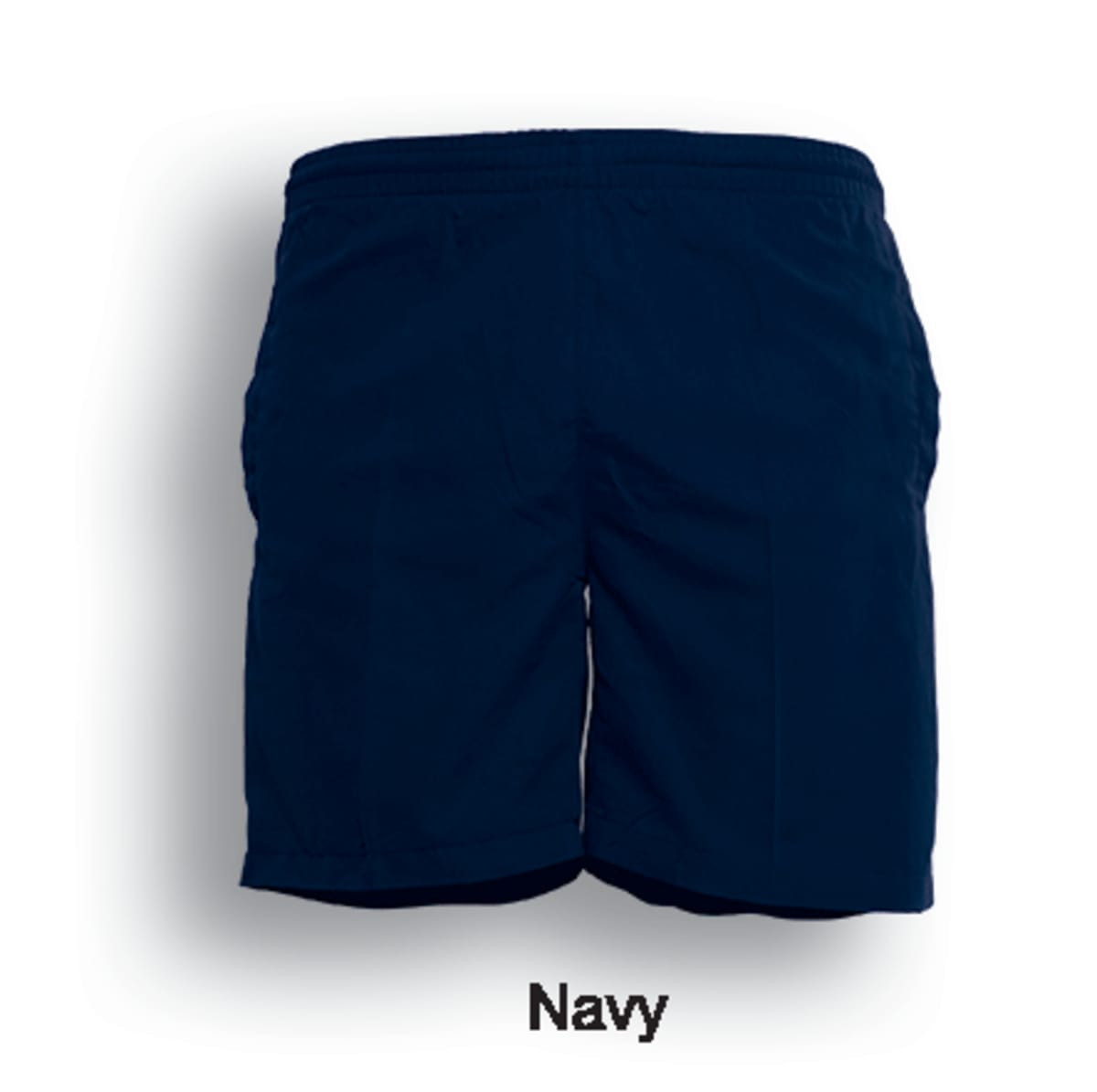 Navy sports shorts made from peach skin microfibre, featuring a logo and side pockets.