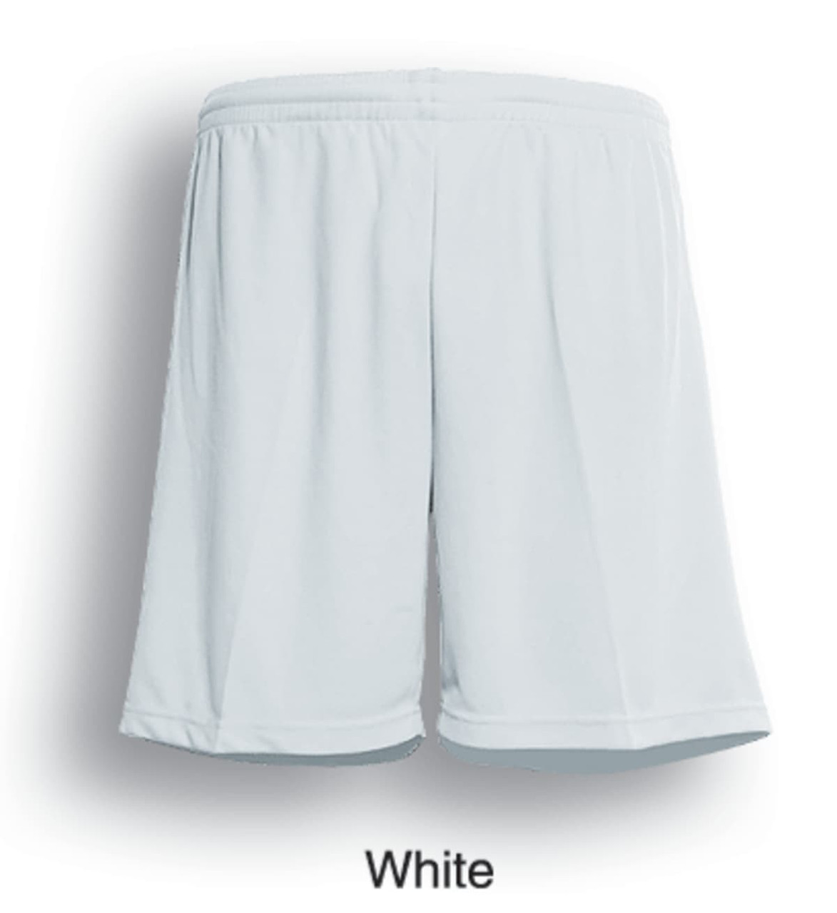 Light grey sports shorts with an elastic waistband, featuring a logo on the side.