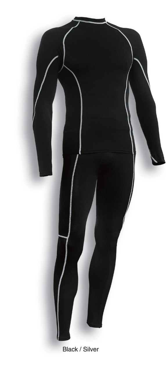 Men's full-length tights in black with silver accents, featuring a fitted design and long sleeves.