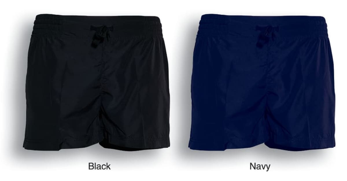 Ladies athletic shorts in black and navy, featuring an elastic waistband and tie. Includes a logo on the waistband.