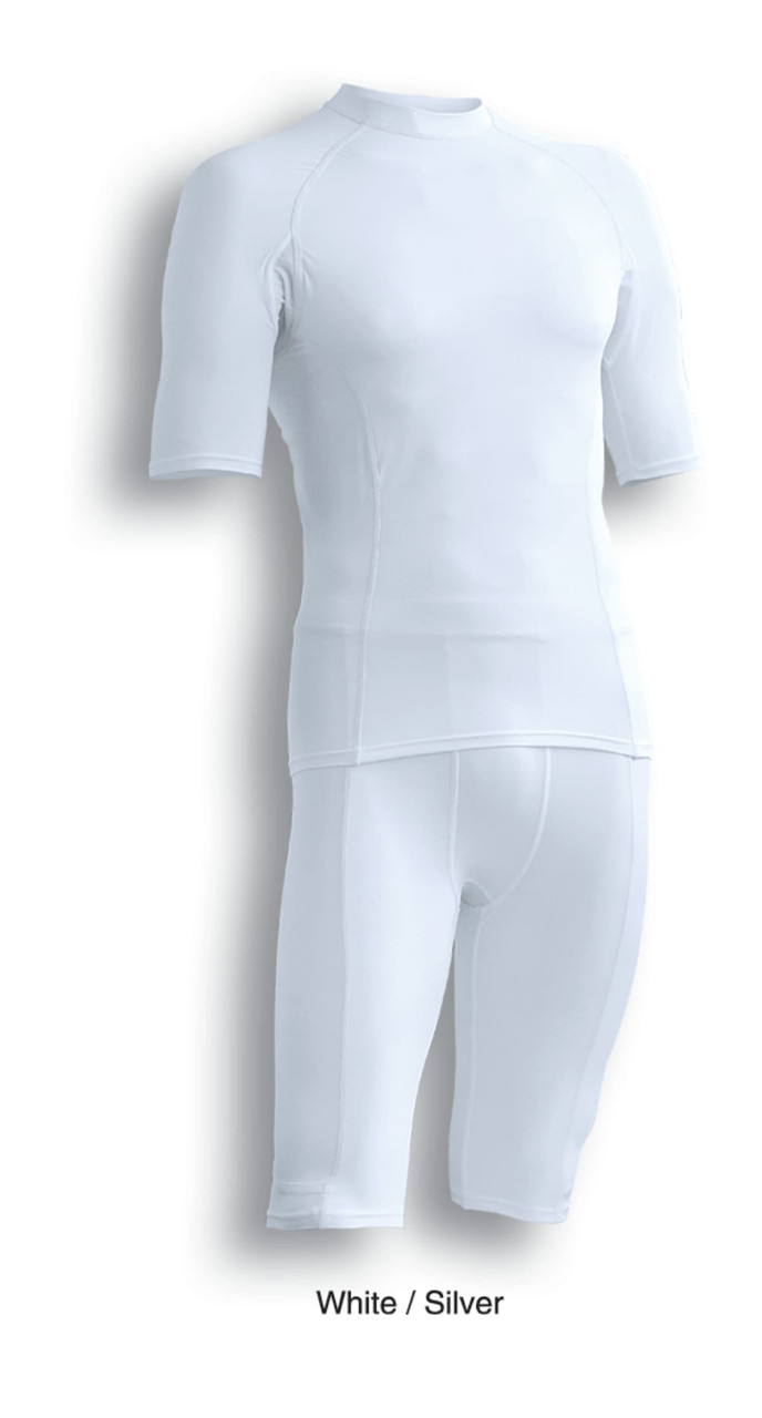 Performance wear featuring a white short-sleeve top and white bike shorts, with a logo present.