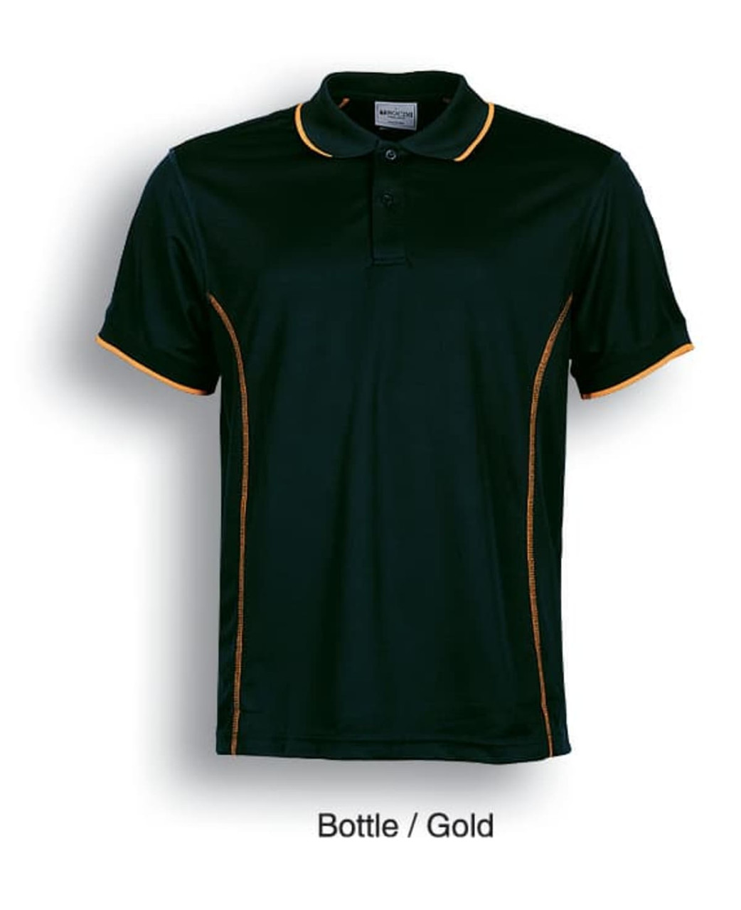 A black polo shirt with gold accents, featuring a collar and a logo. Short sleeves complete the design.
