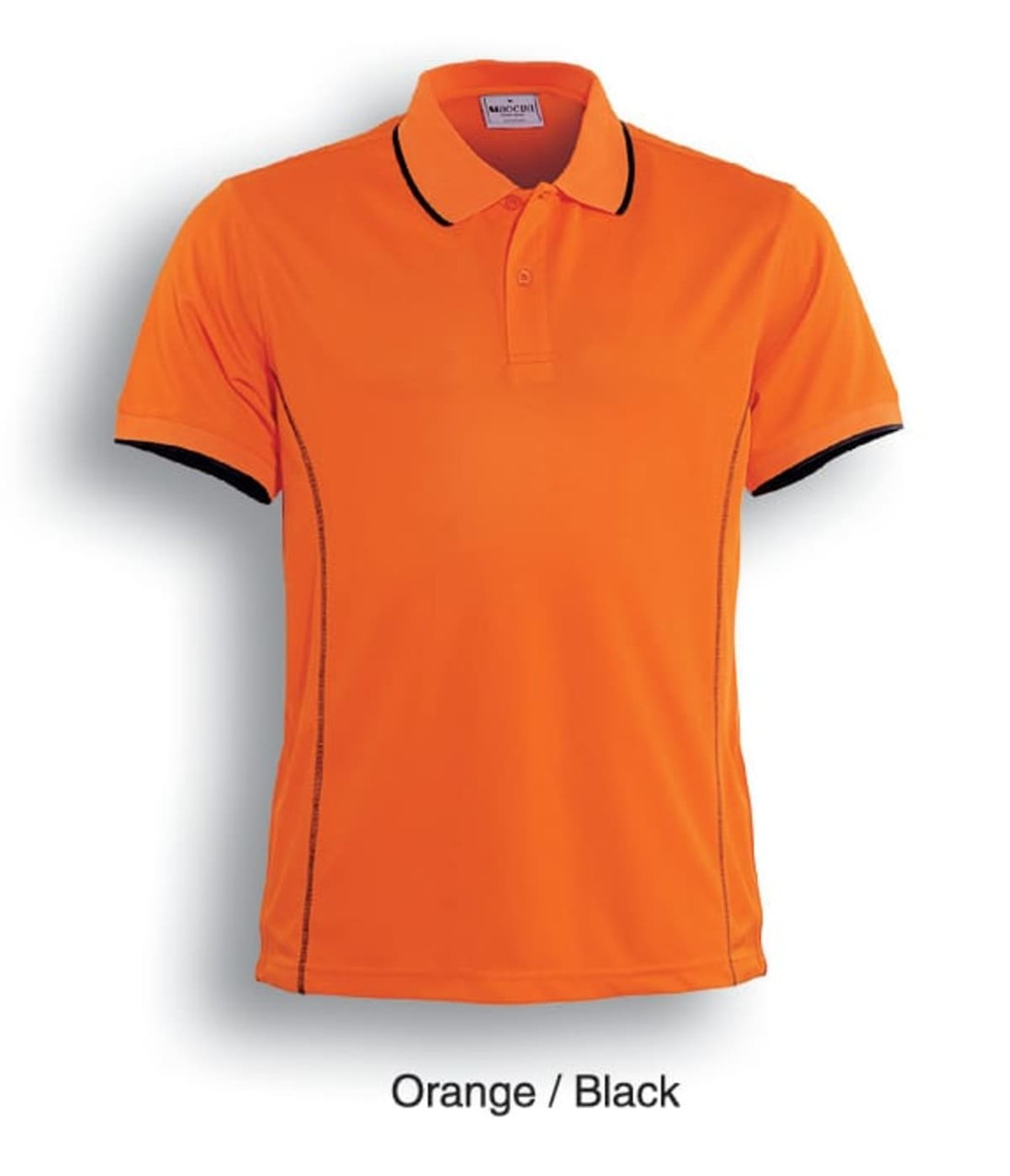 An orange and black short sleeve polo shirt featuring contrasting piping and a logo.