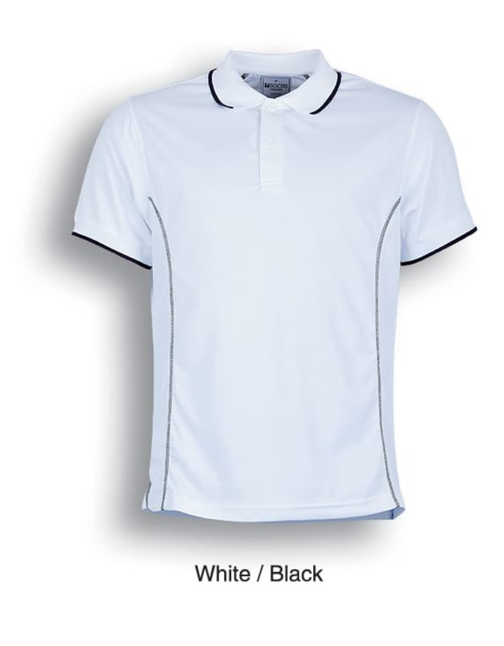 A short sleeve polo shirt in white with black detailing and a logo.