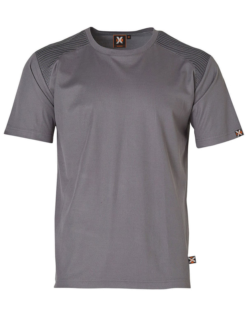 A grey short-sleeve work t-shirt with a logo and textured shoulder panels.