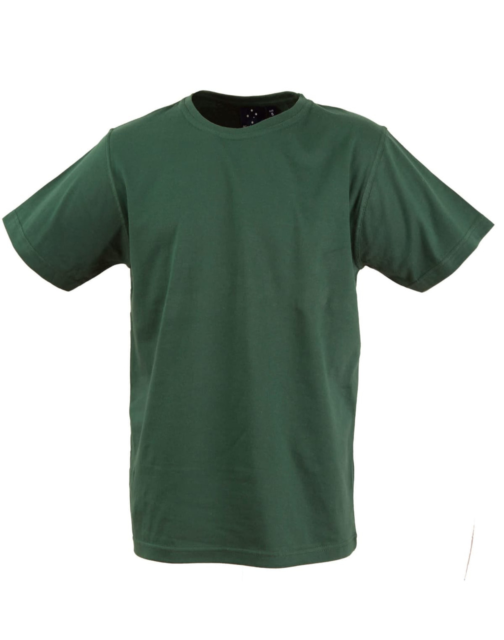 A green unisex cotton t-shirt with a classic crew neck and short sleeves. It features a logo on the label.