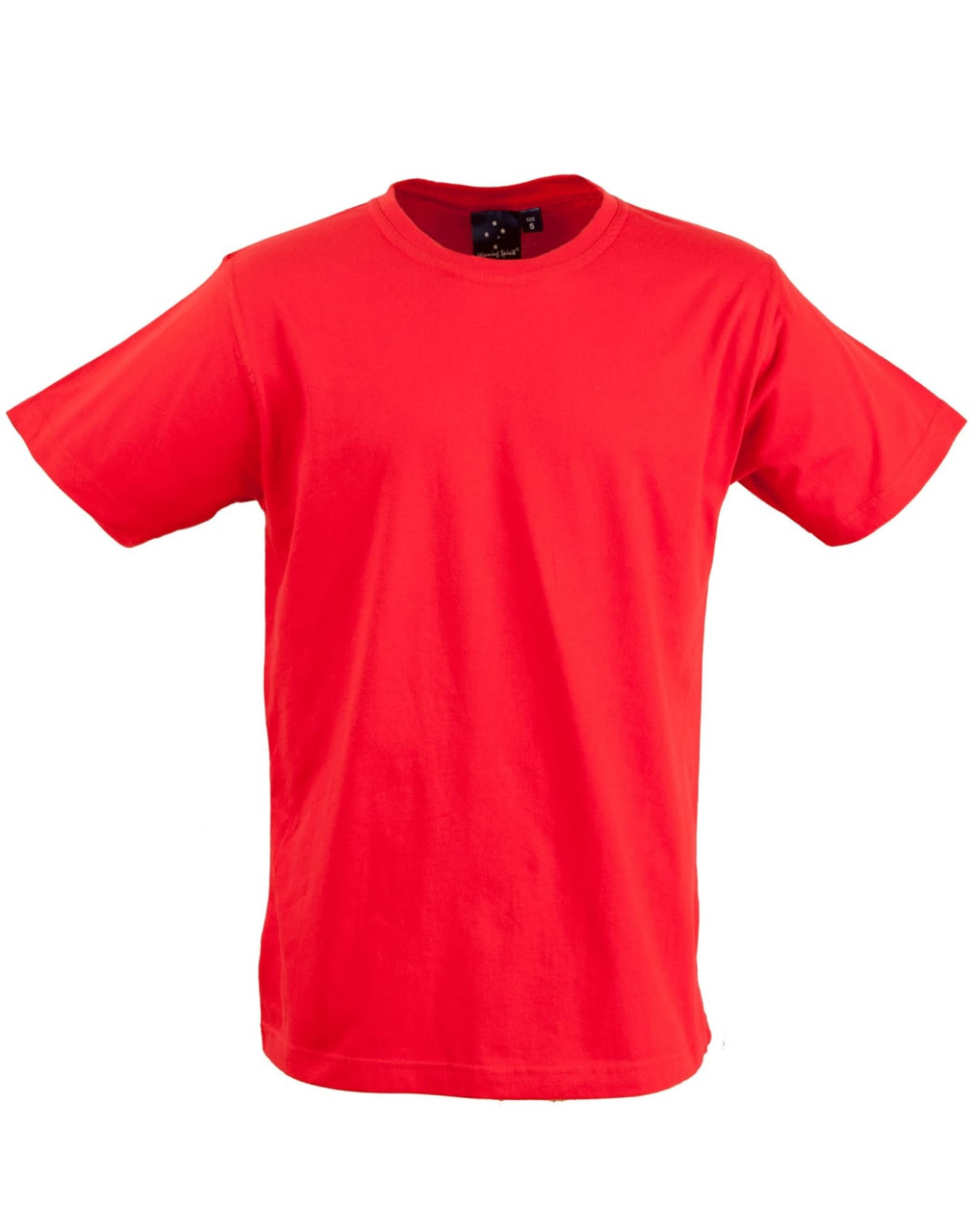 A bright red unisex cotton T-shirt with a crew neckline and short sleeves, featuring a logo.