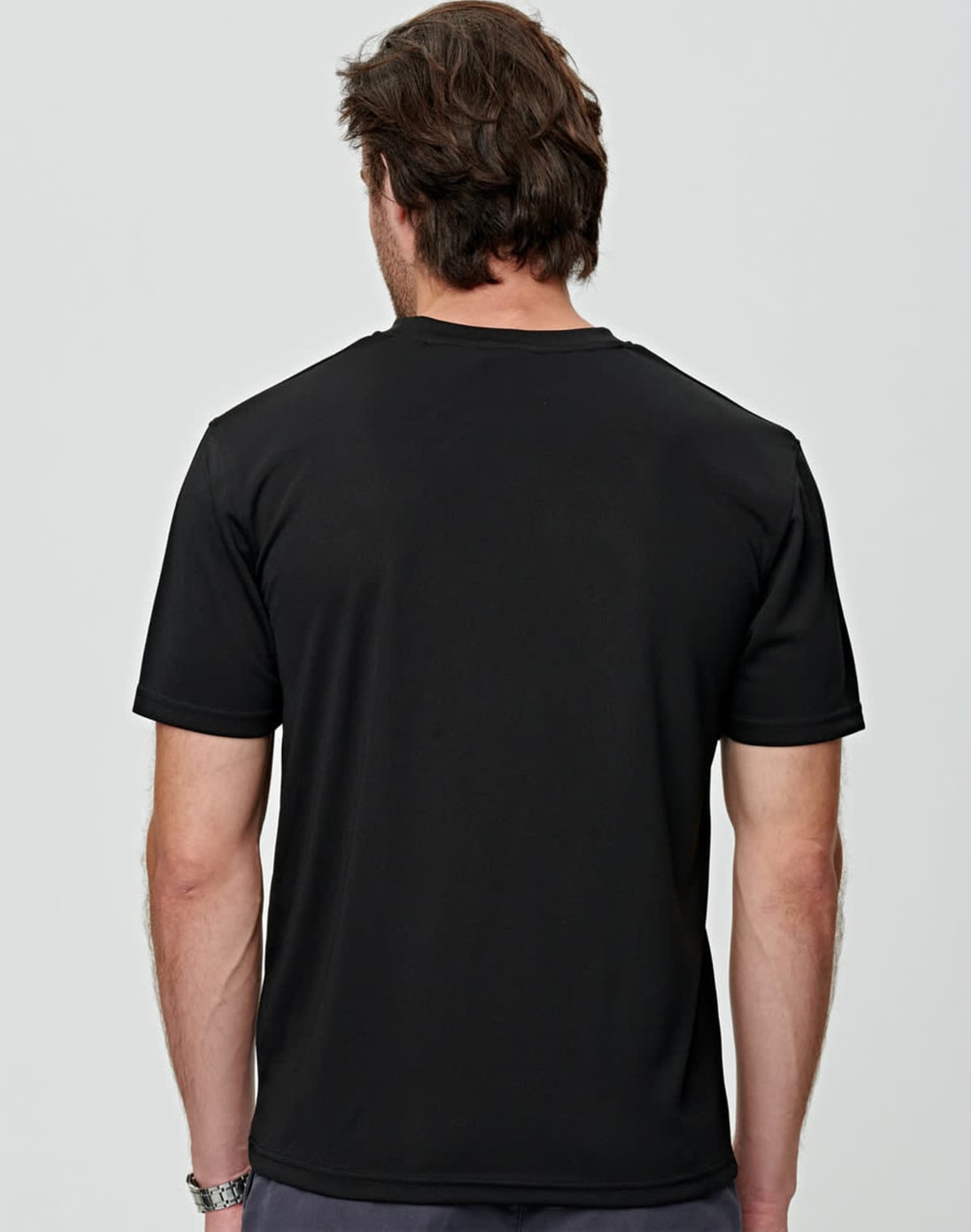 A black men's short sleeve tee featuring a crew neckline and a logo on the back.