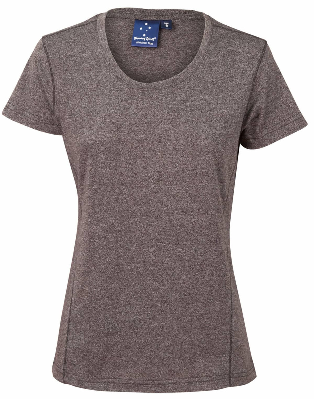 A short-sleeved women's T-shirt in heather grey with a round neckline and a logo on the label.
