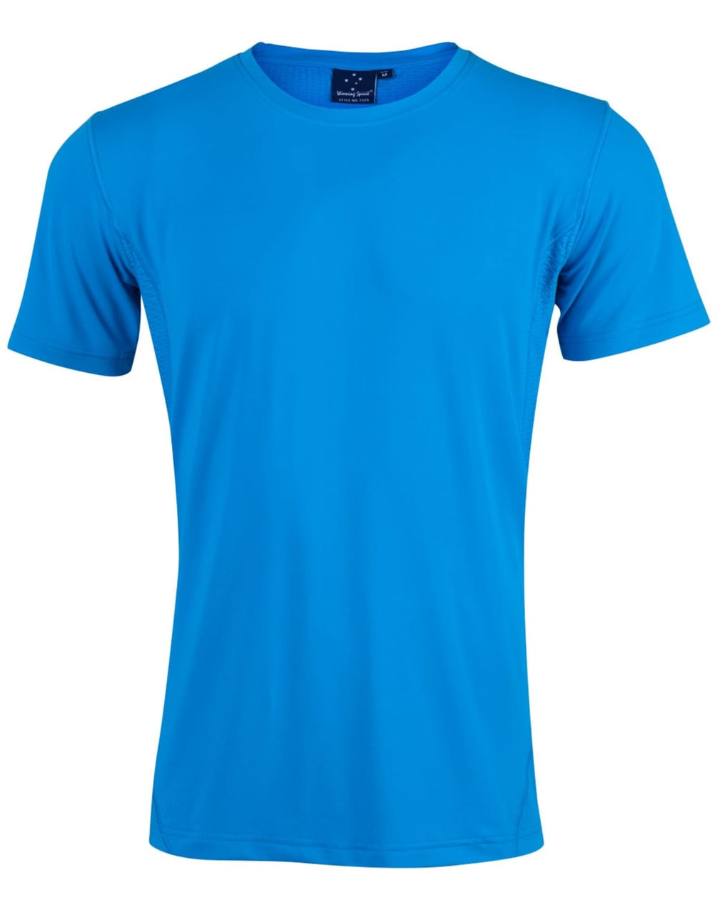A blue Men's Cooldry Stretch Tee with a round neckline and short sleeves, featuring a logo on the label.
