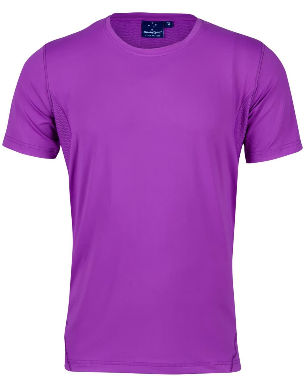A purple Men's Cooldry Stretch Tee with short sleeves and a logo on the label at the neckline.