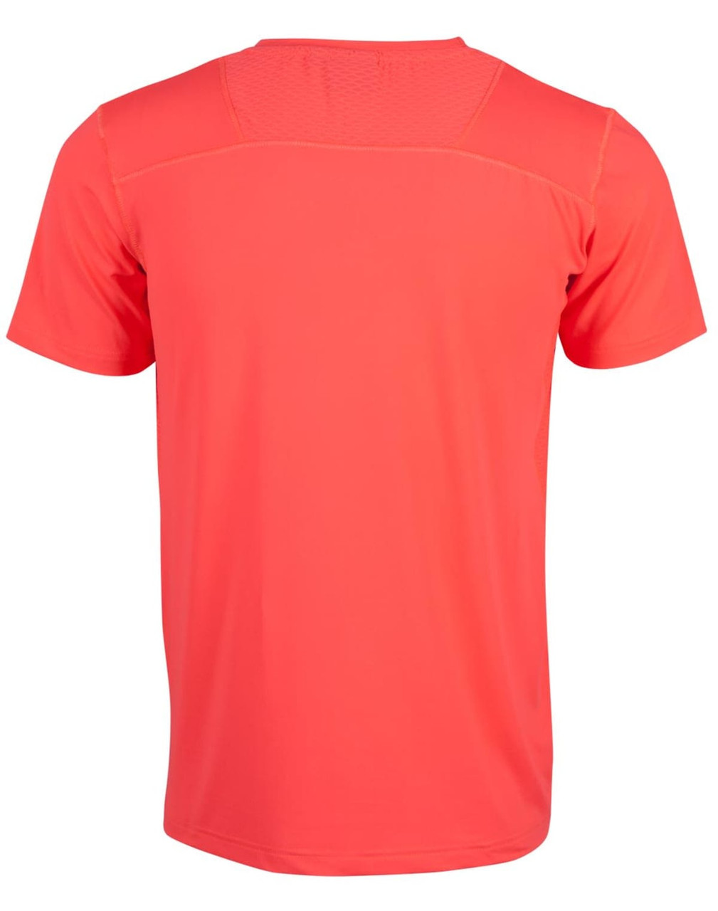 A vibrant coral men's T-shirt with a stretch fabric, featuring a logo on the back.