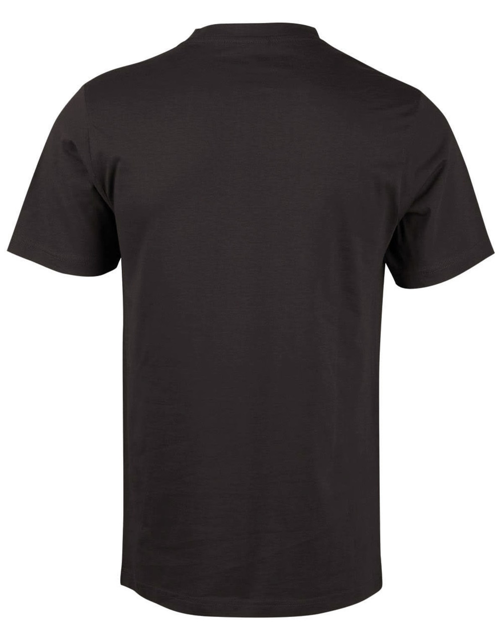 A black men's cotton semi-fitted t-shirt, featuring short sleeves and a simple design, with a logo on the back.