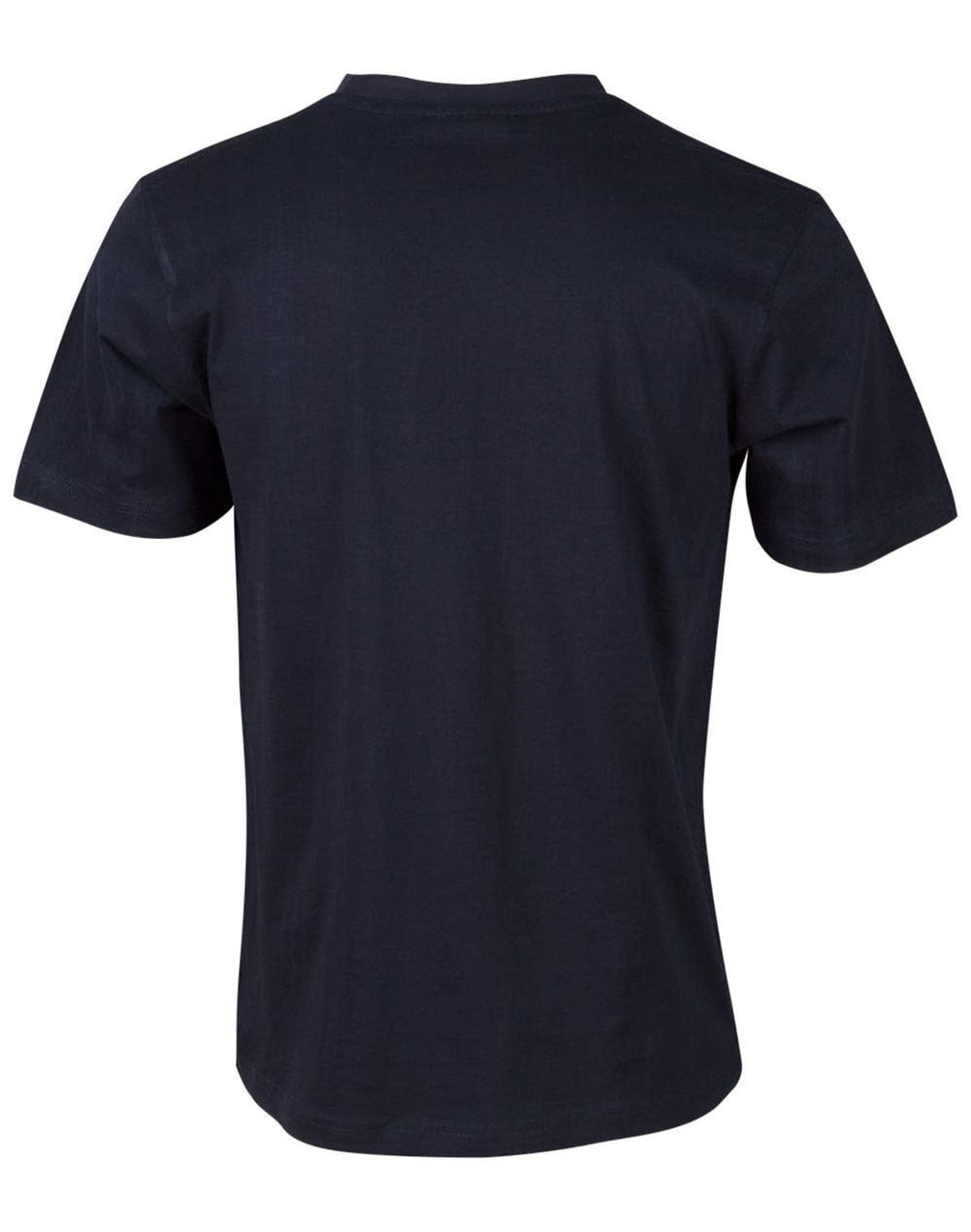 A men's cotton semi-fitted tee in navy blue, featuring short sleeves and a back view with a subtle logo.