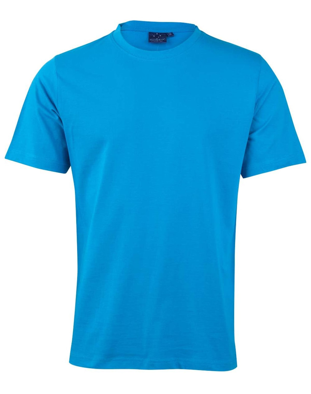 A bright blue semi-fitted cotton t-shirt for kids, featuring short sleeves and a simple design.