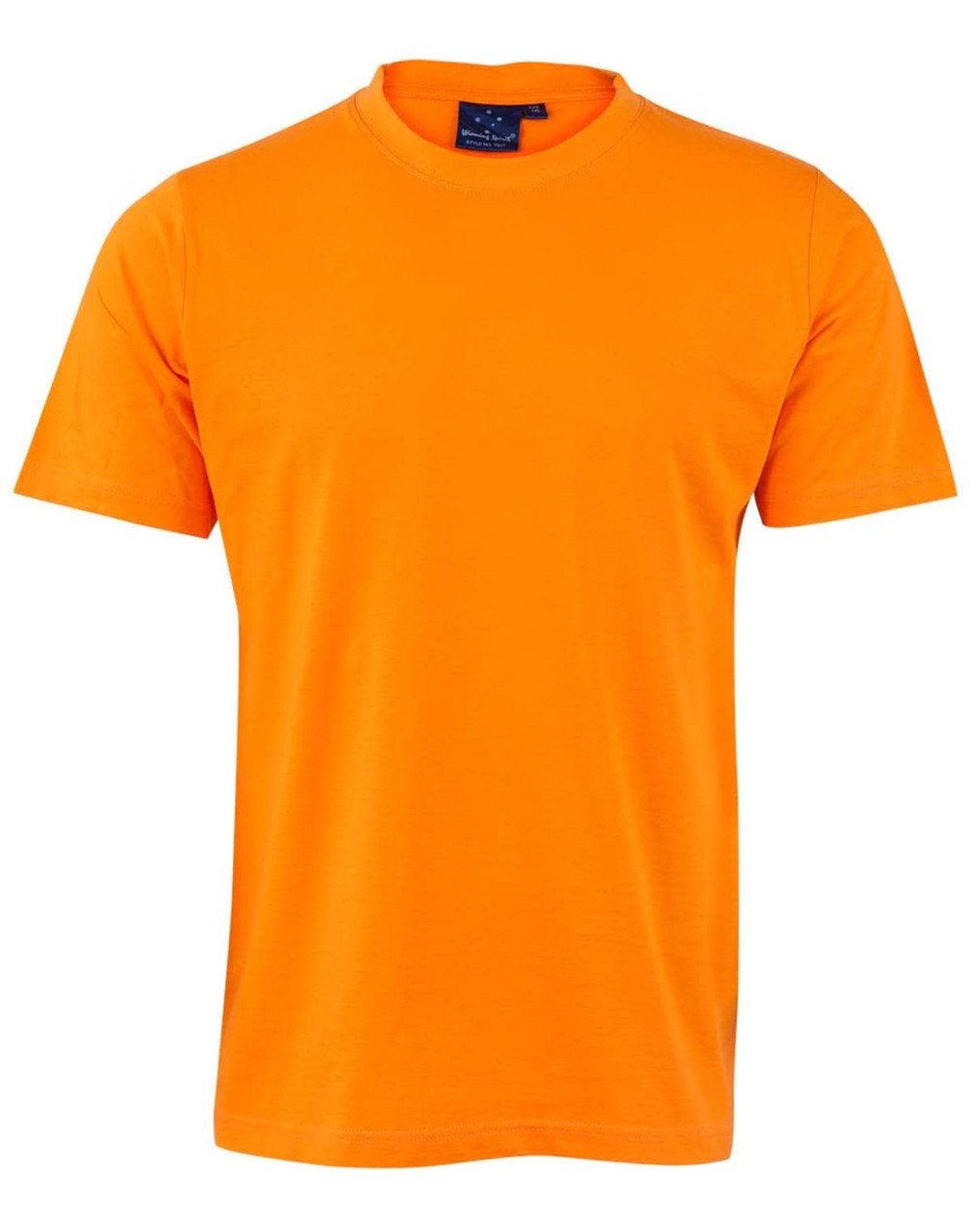 An orange, semi-fitted cotton T-shirt with short sleeves and a round neckline. It features a label inside the collar.