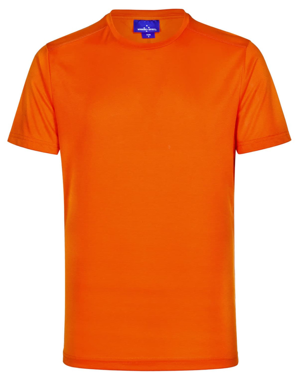 An orange short-sleeve performance tee with a round neckline and a logo on the label.
