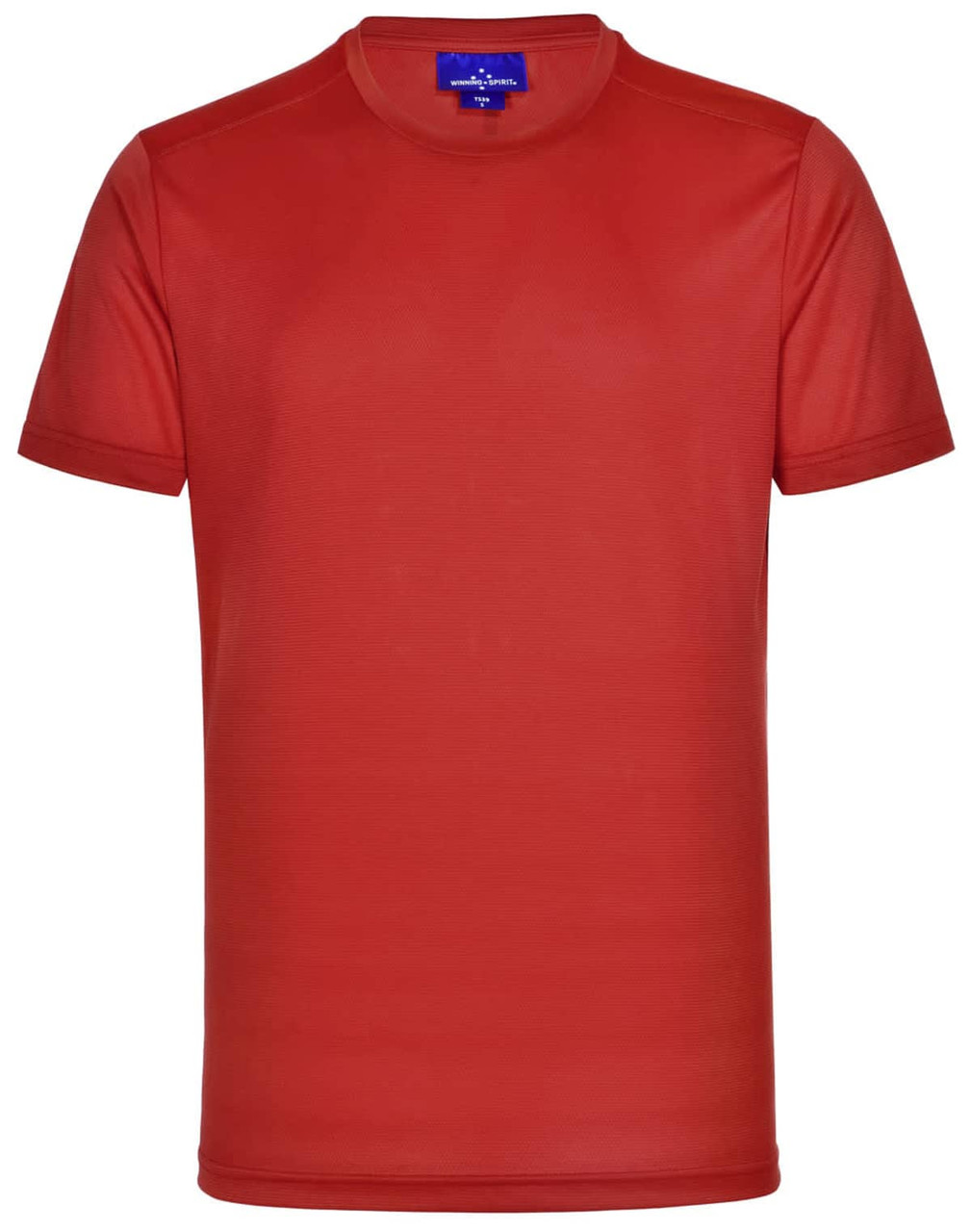 A red short-sleeved performance t-shirt for men with a logo on the upper part.