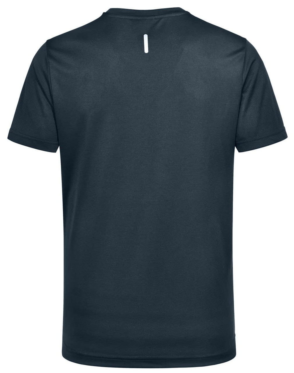 A men's short-sleeve performance tee in navy blue, featuring a logo on the back. Lightweight design suitable for activewear.