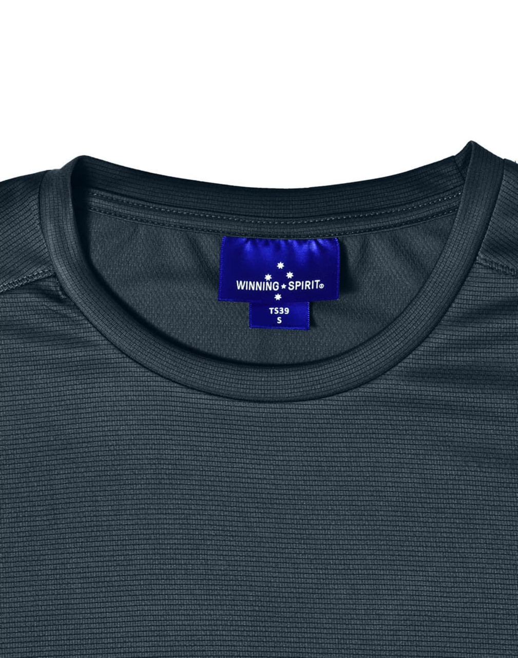 A close-up of a dark grey men's lightweight performance short-sleeve tee with a logo tag at the neckline.