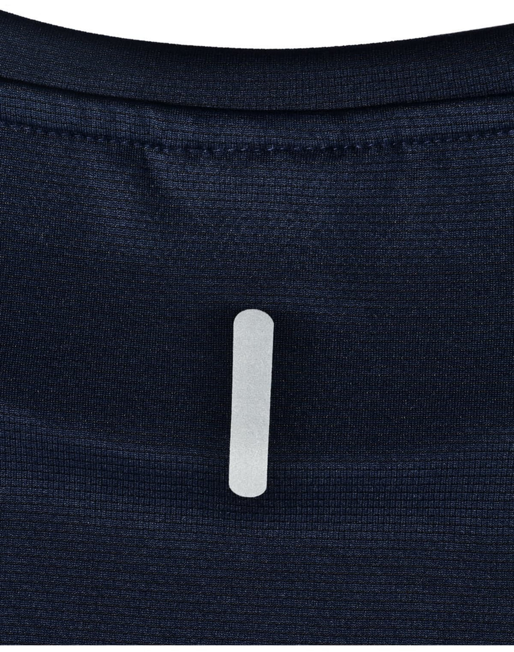 A navy blue short-sleeve performance tee featuring a logo on the back collar.