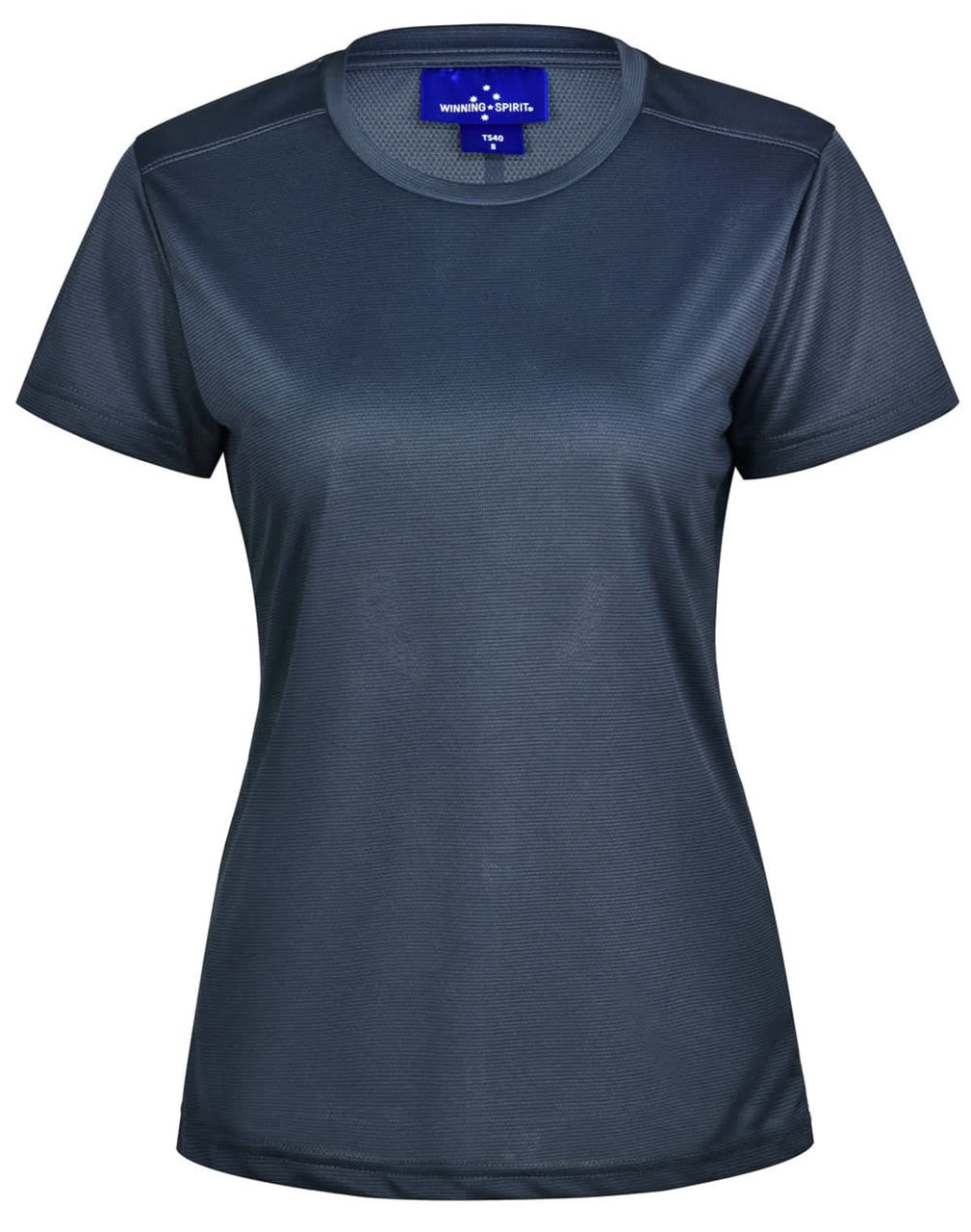 A women's short-sleeved performance tee in dark blue, featuring a lightweight fabric and a logo.