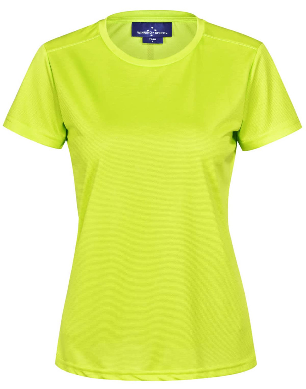 A bright lime green ladies' short-sleeve performance tee with a branding logo on the neckline.