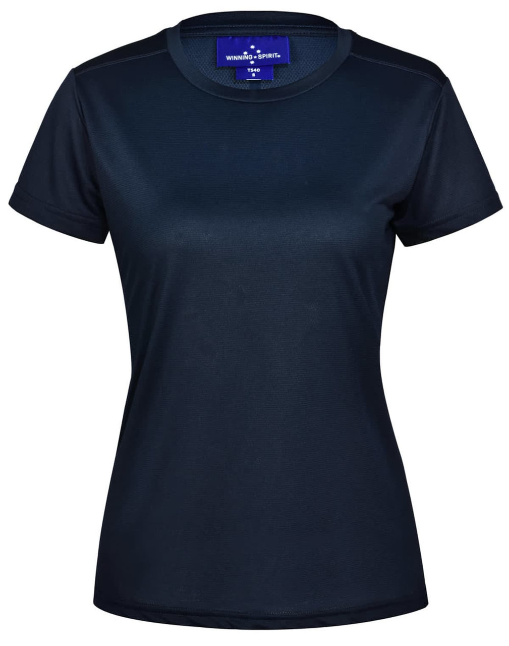 A navy blue ladies' short sleeve performance t-shirt featuring a logo on the neckline.