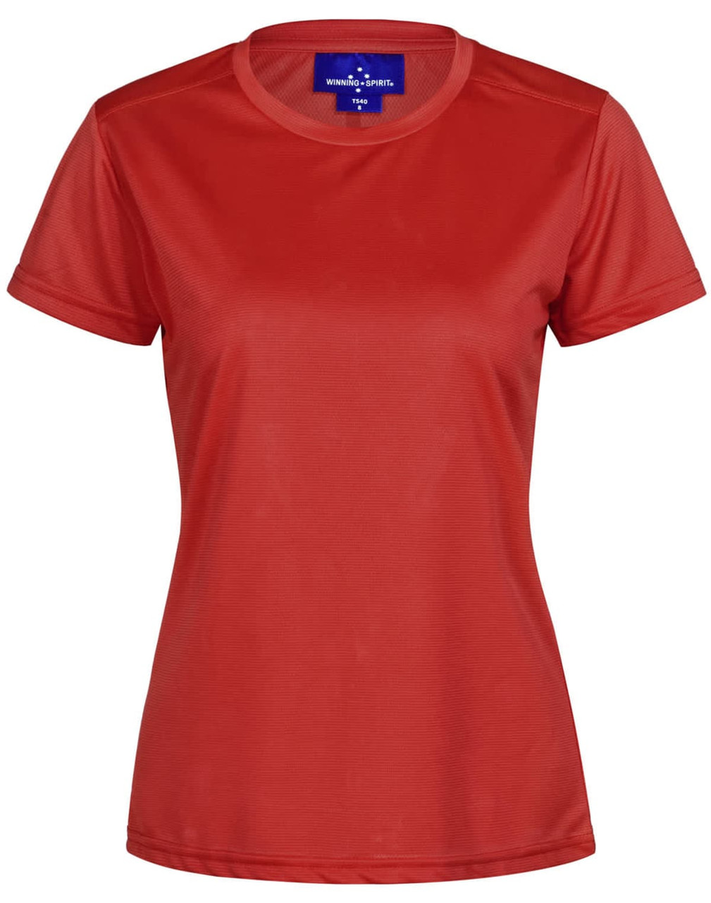 A red ladies' lightweight performance short sleeve tee with a logo on the neckline.