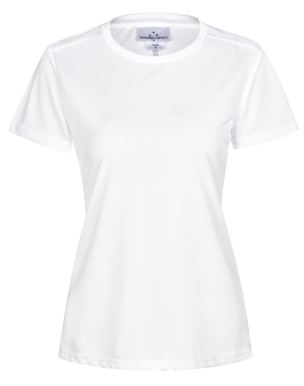 A white short-sleeve women's performance t-shirt featuring a simple design and a logo.