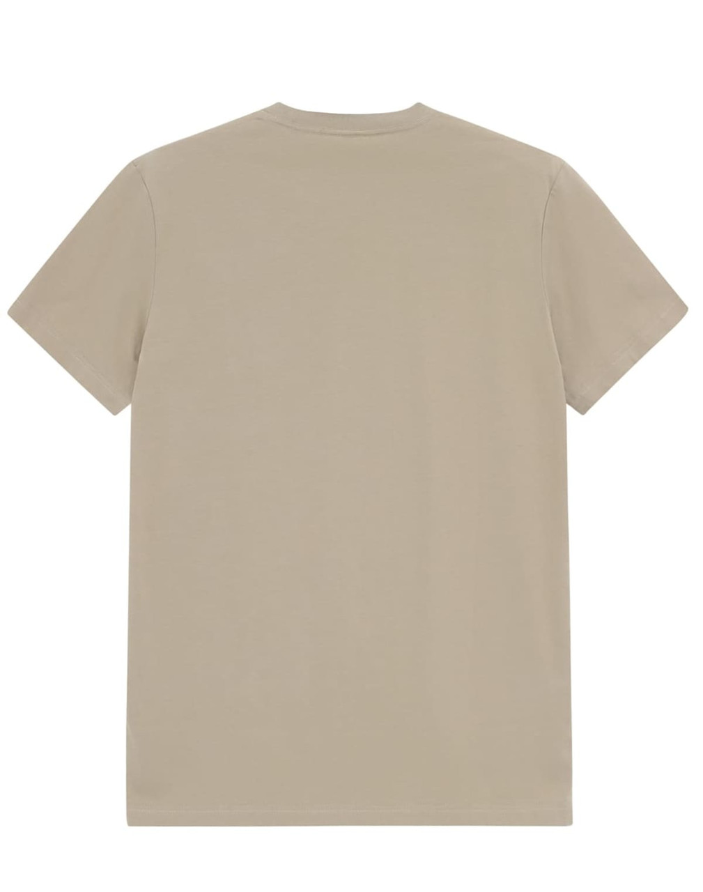 A beige men's premium cotton tee featuring a simple design and short sleeves, with a branding logo.