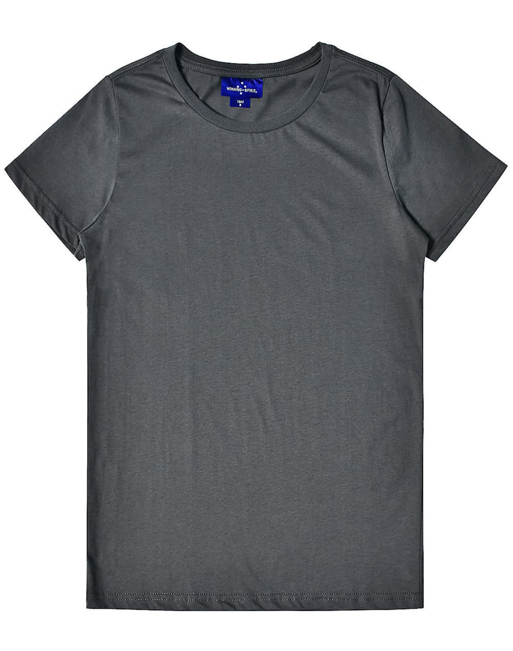 A grey premium cotton tee with a crew neckline and short sleeves, featuring a logo on the label.