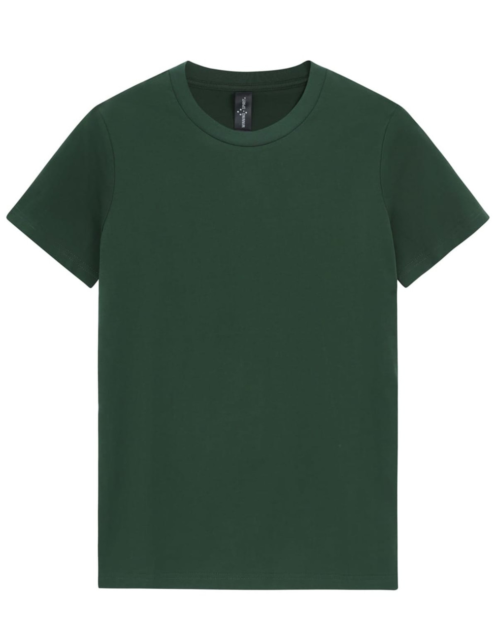 A green premium cotton t-shirt with a round neck and short sleeves, featuring a logo on the inside.