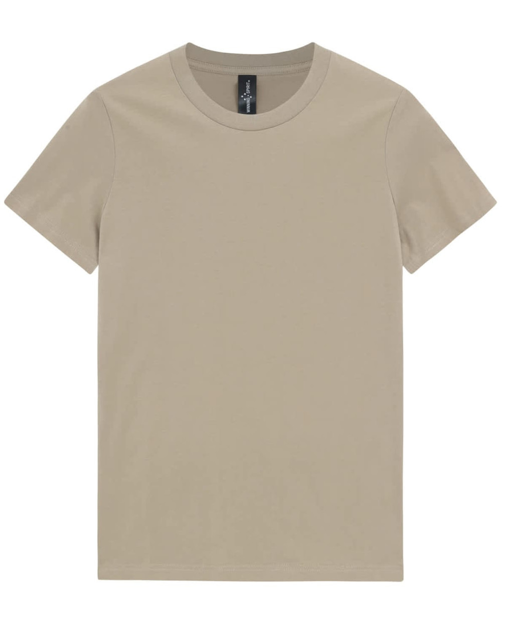 A plain, light beige premium cotton t-shirt with a round neckline and short sleeves. It features a logo label.