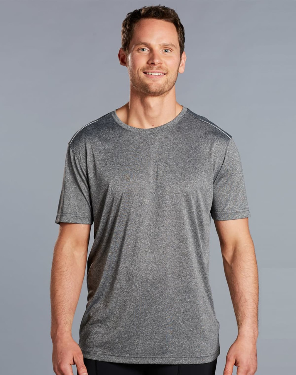 A short sleeve tee in grey, made from ultra-dry cationic fabric, featuring a logo on the chest.