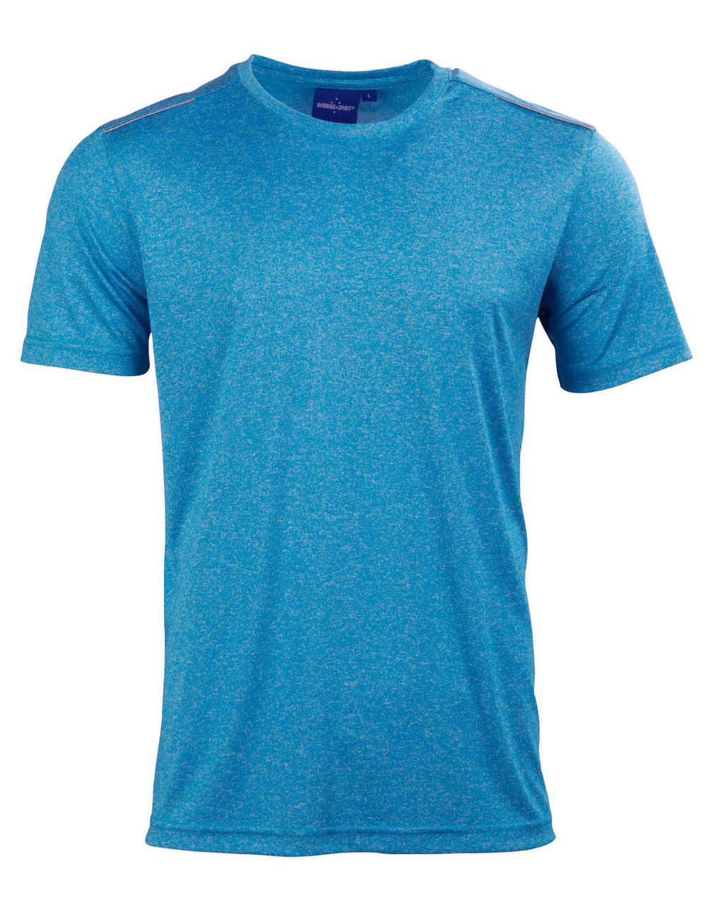 A blue short sleeve tee made from ultra dry cationic fabric, featuring a logo on the chest.
