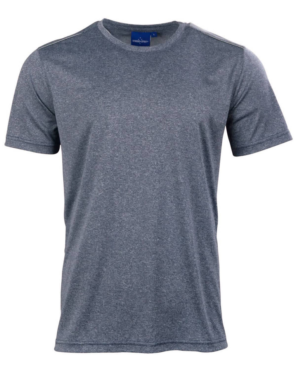 A grey short sleeve tee featuring a simple design and a logo on the tag. Ideal for casual wear.