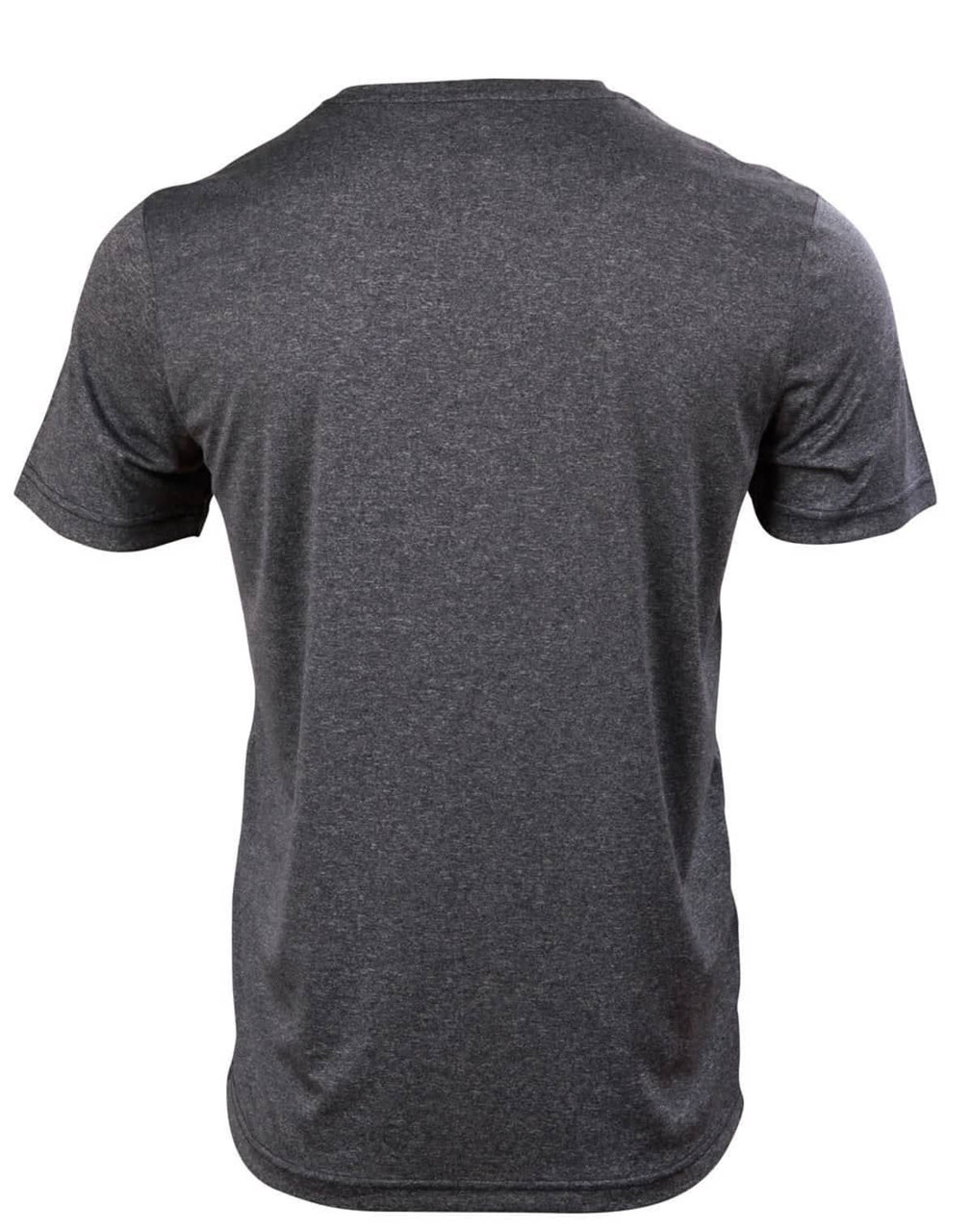 A grey short sleeve tee with a casual fit, featuring a plain design and a branding logo on the back.