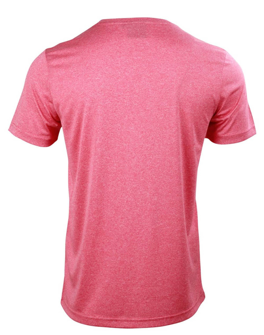 A red short sleeve tee with a simple design and a logo on the back.