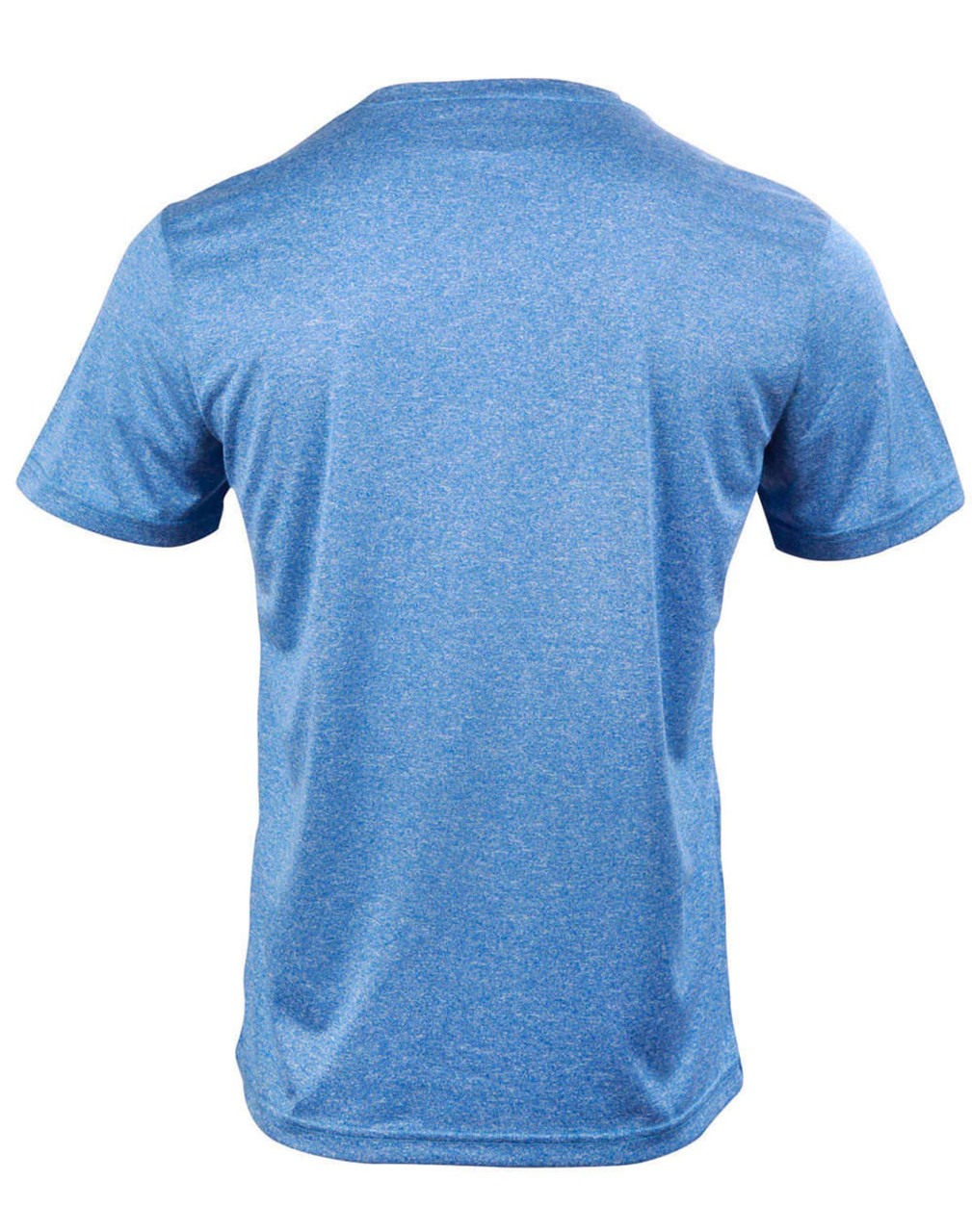 A blue short sleeve tee with a textured pattern, featuring a logo on the back.