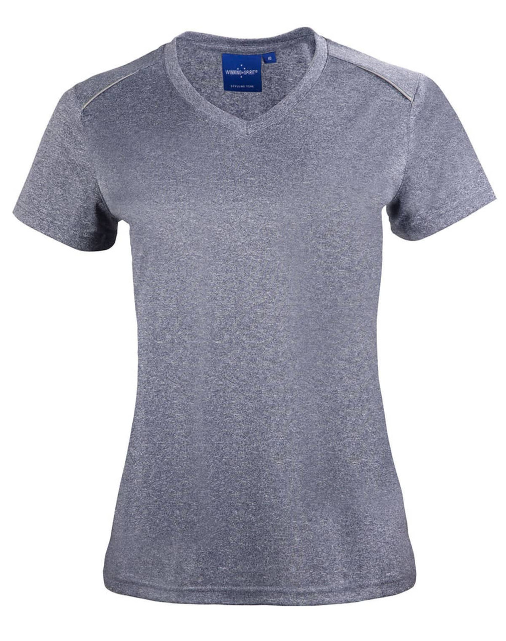 A grey short sleeve tee with a V-neck design, featuring a branding logo on the neckline.