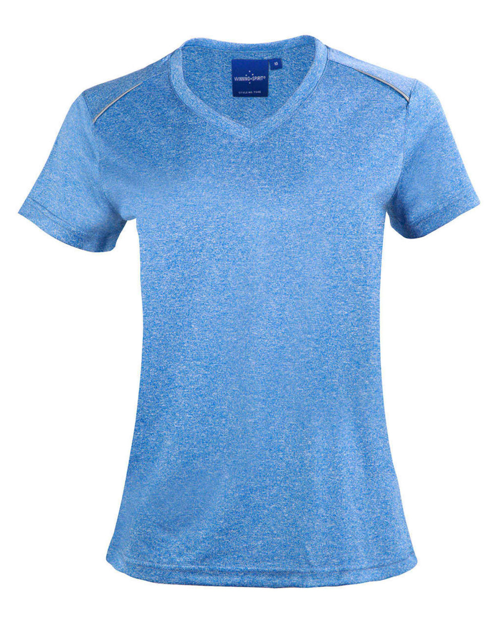 A blue short sleeve tee with a v-neck and shoulder detailing. It has a logo on the tag.