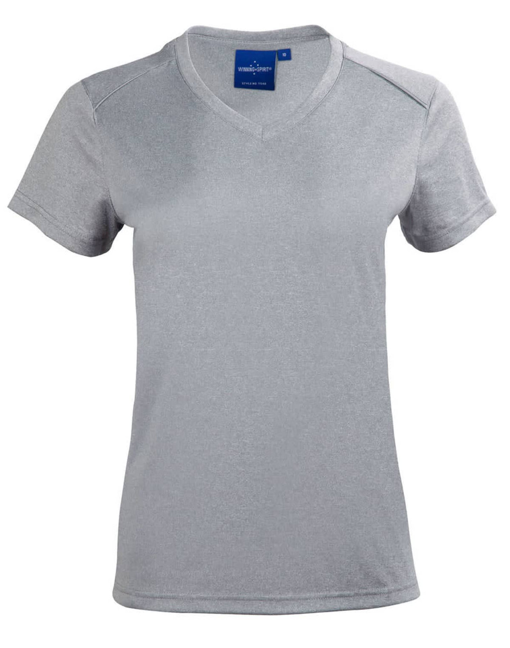 A grey short sleeve tee with a v-neck design, featuring a logo on the neckline. 